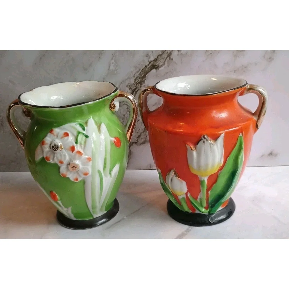 Vintage Small Pair Of Porcelain Floral Vases Made Japan Vibrant Orange Green 4